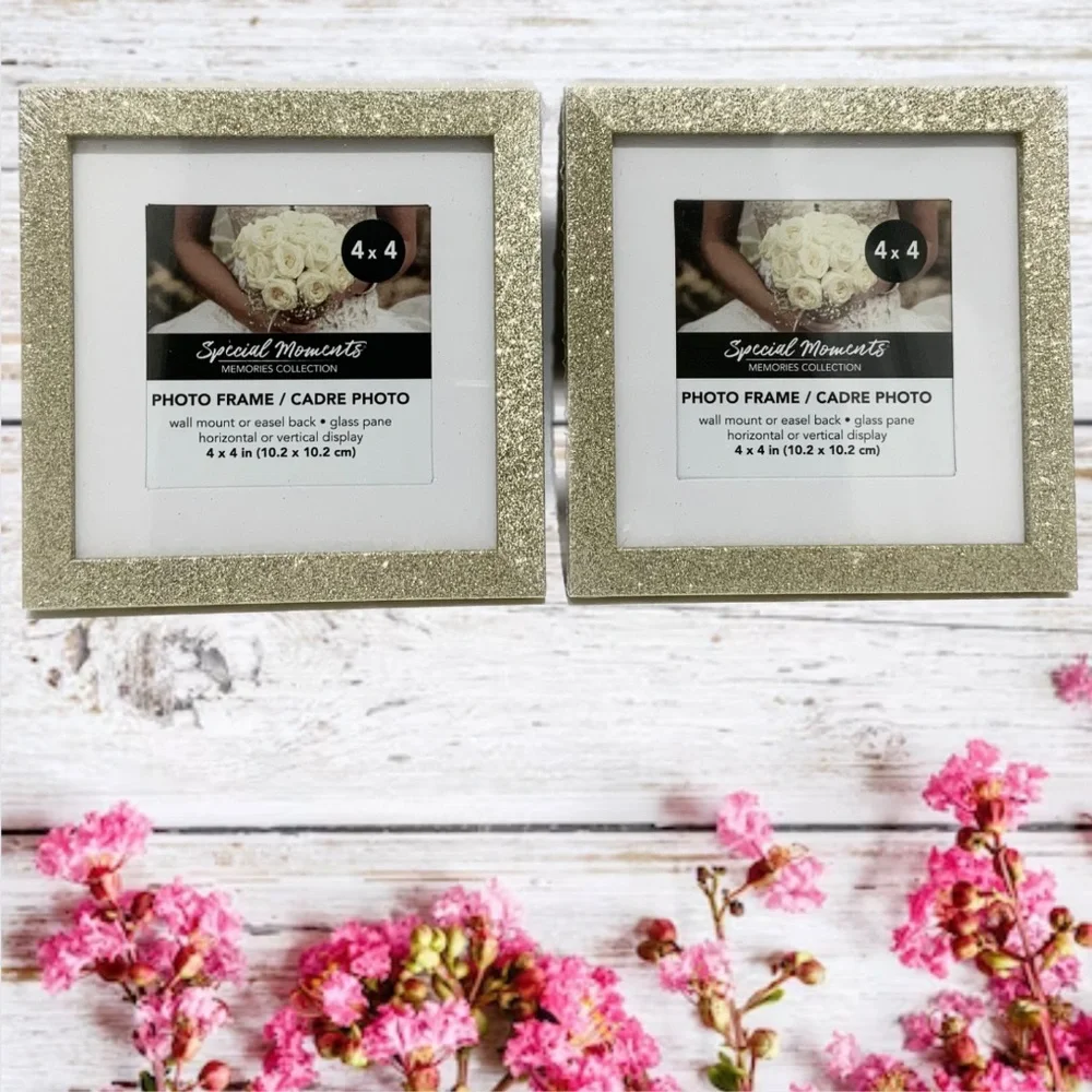 Set of 2  Picture Frames Gold Glitter Photo Frame with Mat Poster Frame 4 x 4 in